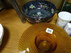Amber glass posy vase and a Copeland Spode floral decorated pedestal bowl