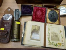 Small parcel of collectables including portrait miniatures, leather bound early 20th Century photo