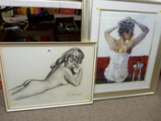 Charcoal drawing - reclining nude, indistinctly signed and a framed print of a ballet dancer by