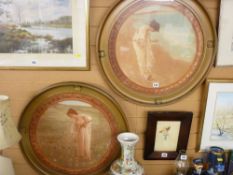 Pair of Arts & Crafts style prints - pensive young girls in circular gilt frames