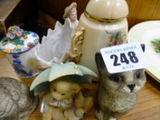 Pair of Royal Doulton cat figures, lidded Locke & Co Worcester vase and similar china items
