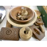 Collection of dairy and other treen items including bowls, butter stamps and pats etc