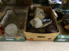 Box of mixed glass and two boxes of miscellaneous metalware, porcelain etc