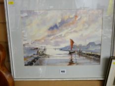 J GRIFFITHS watercolour - atmospheric sky above a tidal inlet with people and boats