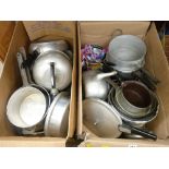 Two boxes of vintage pots, pans and kettles etc