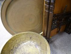Large brass bowl and a folding Benares brass table