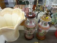 Two Chinese porcelain decorative lamps and shades