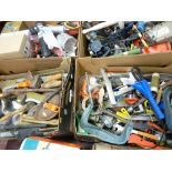 Parcel of four boxes including various hand tools, hammers, garage equipment, spraying equipment,
