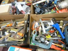 Parcel of four boxes including various hand tools, hammers, garage equipment, spraying equipment,