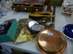 Brass plaque, pair of vintage child's shoes, copper hunting horn, bedwarming pan etc (a parcel)