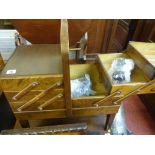 Wooden cantilever sewing box and contents