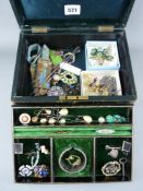 Victorian jewellery case and contents including a nine carat gold chain with Art Deco style jade