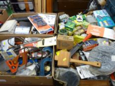 Parcel of four boxes containing various garage items, clamps, rasp files, jars of fixings etc