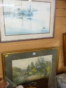 BURT HEIGHTON framed print - moored yachts titled 'Morning Still' and a gilt framed watercolour