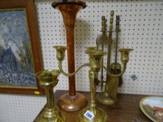 Brass fire irons, candelabra, copper smoker's companion etc