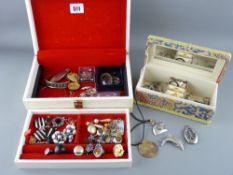Mixed quantity of vintage and modern gold, silver and costume jewellery contained in two jewellery
