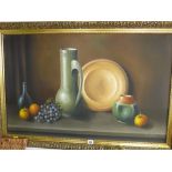 Modern gilt framed oil on canvas - still life study, indistinctly signed