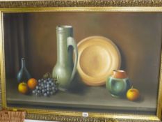 Modern gilt framed oil on canvas - still life study, indistinctly signed