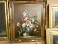 Modern oil on canvas - still life, flowers in a vase, indistinctly signed