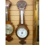 Vintage oak banjo wall barometer with thermometer