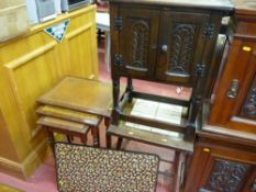 Small two door wooden hutch cupboard and a small tiled top occasional table, tooled top nest of