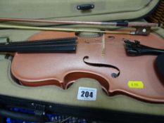 Modern pink coloured violin in case with bow by Antoni