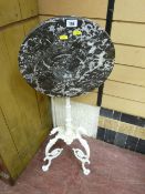 Cast metal ornate circular tripod table with marble top