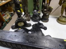 Spelter and metalware - clock figurine, flatback horse and a fire curb