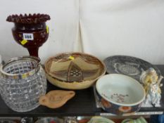 Mixed selection of vintage pottery and glassware including a tribal style decorated plate