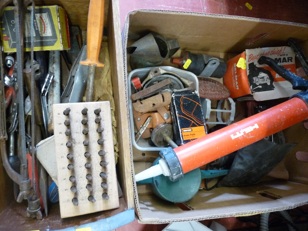 Small wooden drawer with hand tools, saws etc and a box of vintage car parts etc