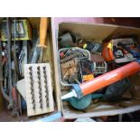 Small wooden drawer with hand tools, saws etc and a box of vintage car parts etc