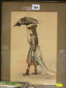 LOVELL 19th Century watercolour - girl with parasol, 31 x 20 cms