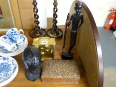 Leaf carved wooden box, a tribal carved figurine and a pottery bust of an African girl