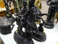 Rearing horse spelter figure and another with man on horseback