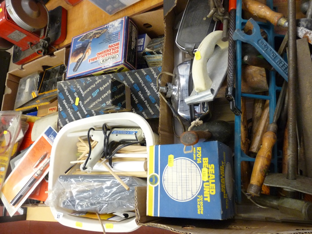 Three cardboard boxes with contents of various vintage tins and roll pins, Draper re-chargeable