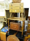 Parcel of mixed furniture including three drawer sewing cabinet, wood effect trolley, nest of two