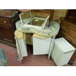 Vintage kidney shaped white dressing table and a white loom style basket