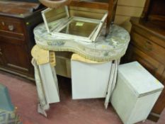 Vintage kidney shaped white dressing table and a white loom style basket