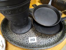 Set of four cast frying pans, copper or similar tray and a black Wedgwood Jasperware vase