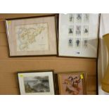 Framed set of golfing cigarette cards, map of Merionethshire, a hand tinted antique print of The