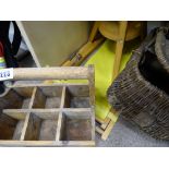 Good parcel of treen ware including bottle carrier with 'Welcome' plaque, wicker fishing basket,