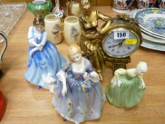 Elaborate decorated mantel clock and three Royal Doulton figurines 'Nicola' HN2839, 'Fair Maiden'