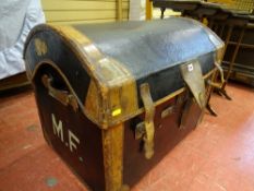 Fine dome topped leather bound trunk, marked 'M F'