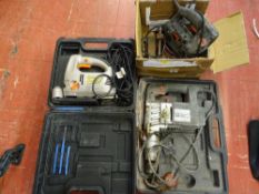 Parcel of electrical tools and a Powerbase Excel cased jigsaw, Skill Clic jigsaw and a cased three