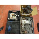 Parcel of electrical tools and a Powerbase Excel cased jigsaw, Skill Clic jigsaw and a cased three