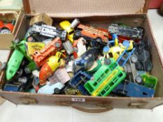 Vintage suitcase of predominantly tinplate vehicles etc