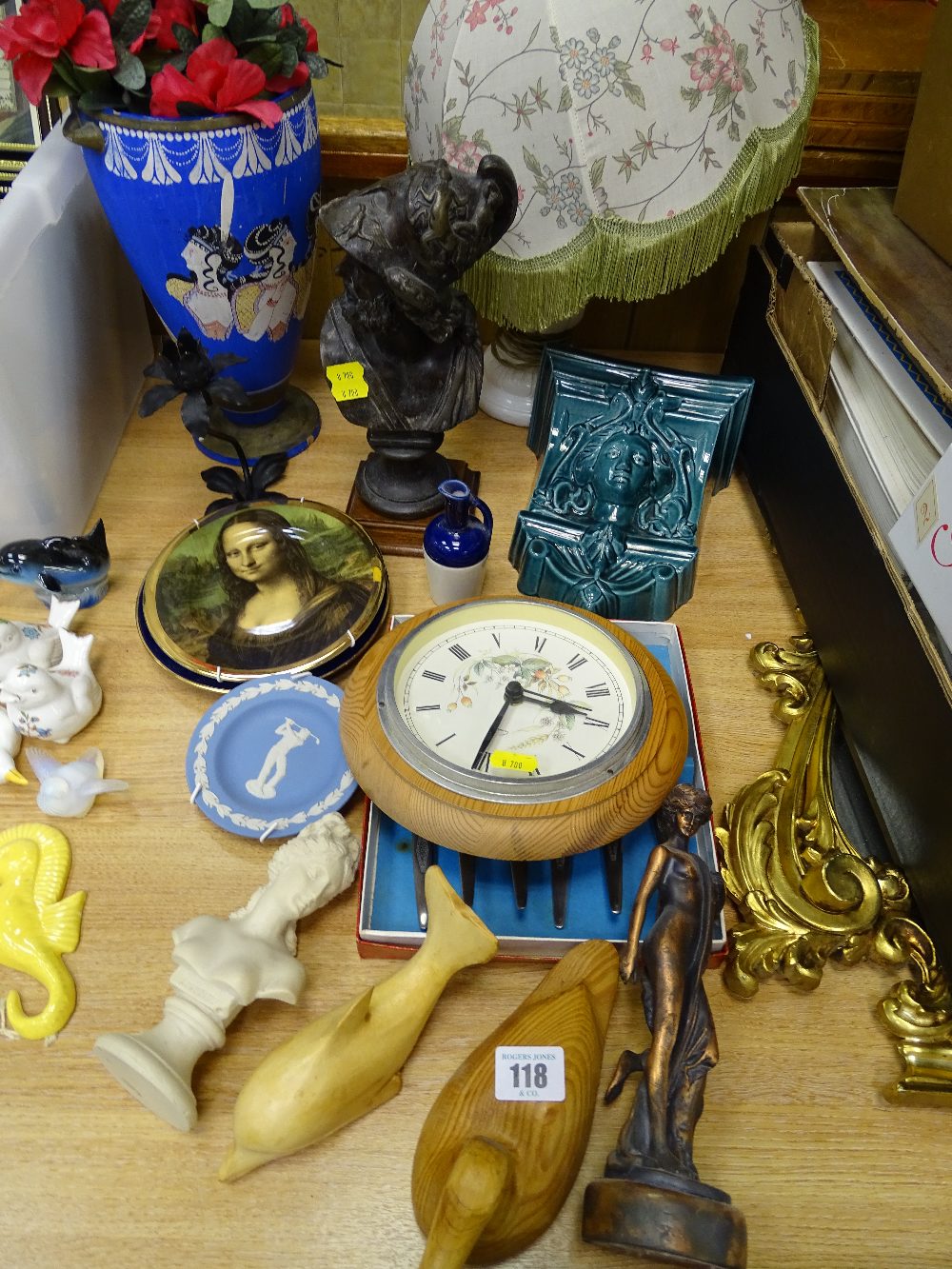 Parcel of miscellaneous items including lamp, wall pocket, treen items, bust of Aphrodite etc