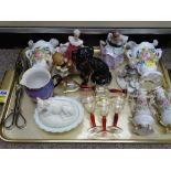 Mixed group of ornaments and glassware etc including a black and gilt decorated open leg Staffs
