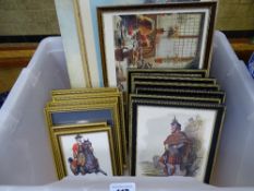 Tub of prints of gentlemen in Scottish tartan and a small oval print of infantry etc
