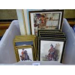 Tub of prints of gentlemen in Scottish tartan and a small oval print of infantry etc